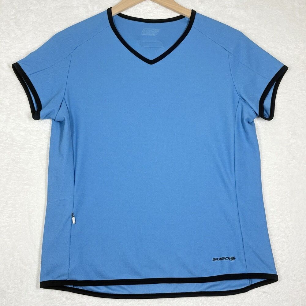 SUGOi Cycling Jersey Womens L Blue V Neck Black Contrasting Trim Zippered Pocket
